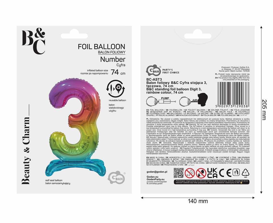 B&C standing foil balloon Digit 3, rainbow colour, 74 cm